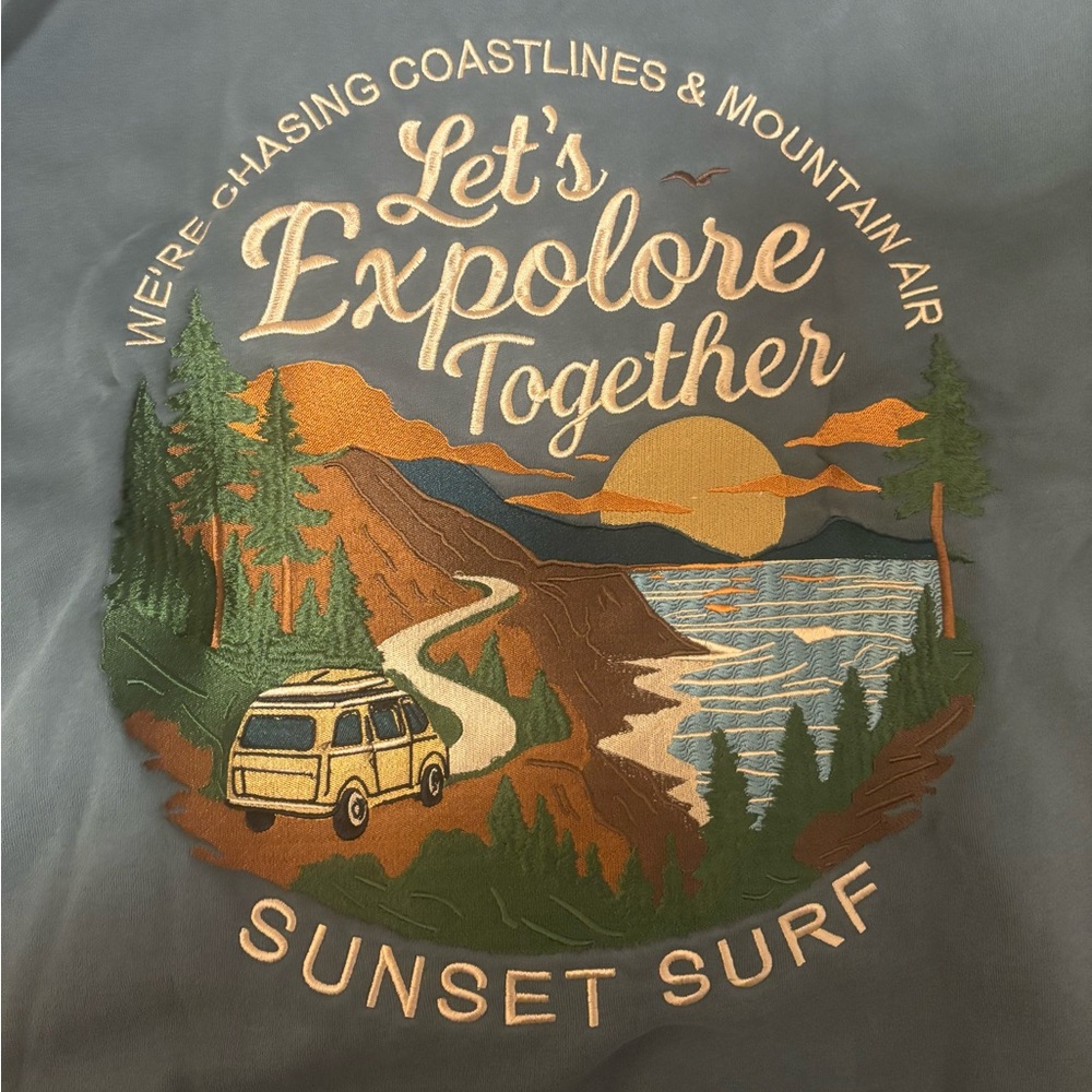 Sunset Surf Coastal Explore Hoodie Let's Explore Together Graphic Hoodie Medium - Picture 13 of 14